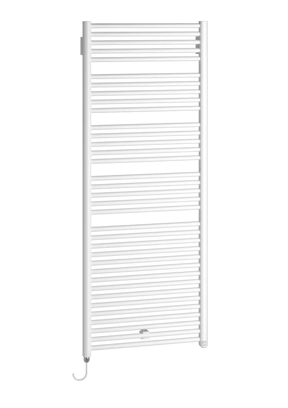 Weißer Kermi-Heizkörper mit vertikaler Anordnung und horizontalen Rippen, installiert an einer Wand, mit sichtbarem Regelungsmechanismus.